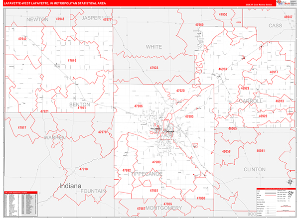 Lafayette-West Lafayette Metro Area Wall Map Red Line Style